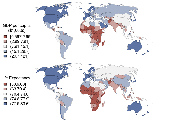 *Choropleth maps of GDP per capita and life expectancy.*